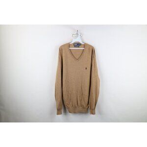 Vintage 90s Ralph Lauren Mens XLT Merino Wool Knit V-Neck Sweater Beige Khaki